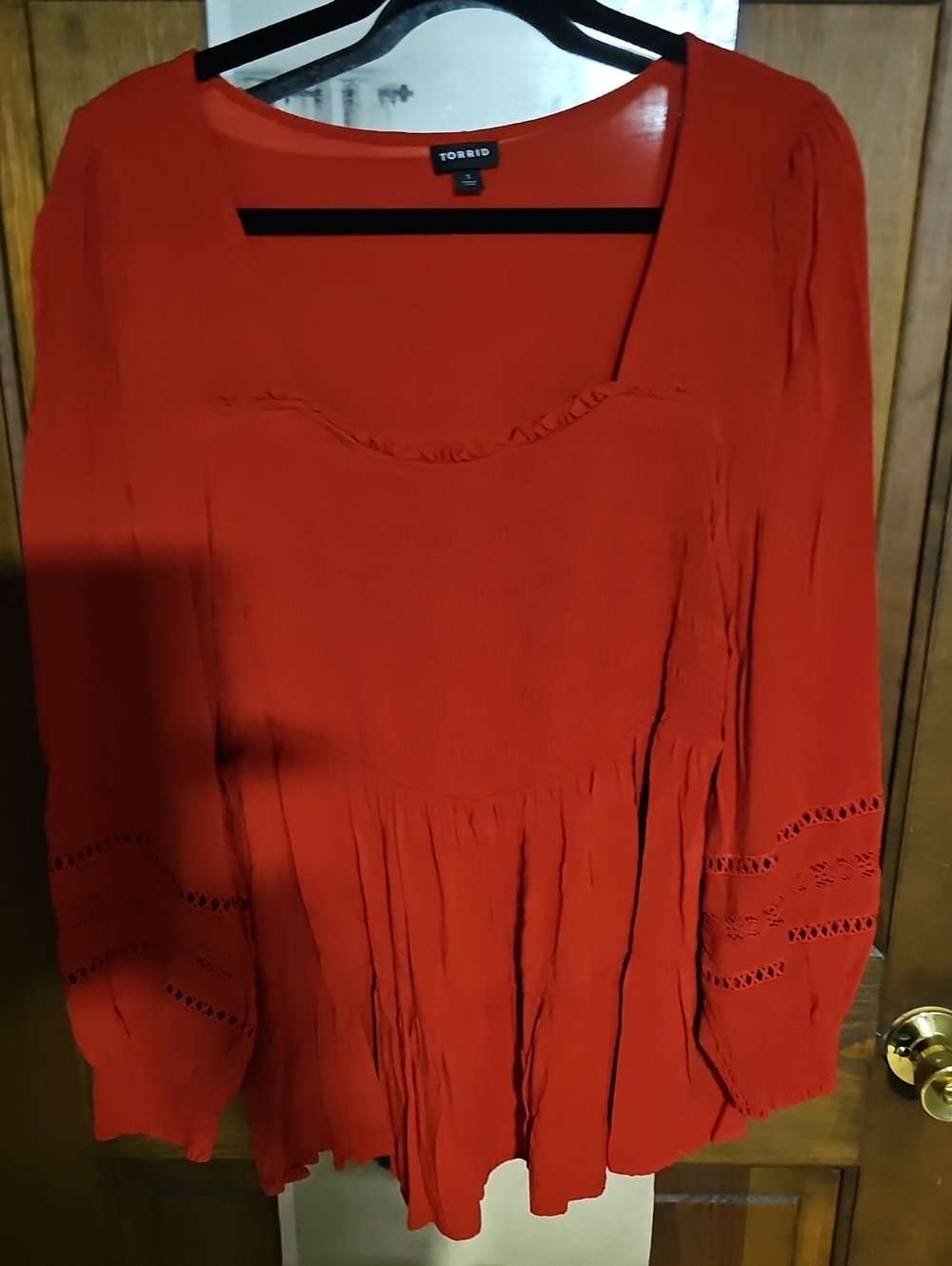 torrid Red Smocked Peasant Tunic with Lace Trim